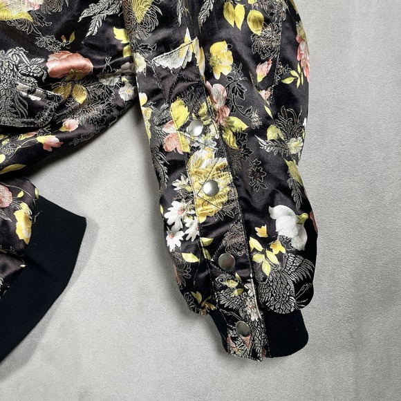 Free People Black w/Gold Peach Yellow Floral Fully-Lined Bomber Jacket Women XS - Picture 7 of 11